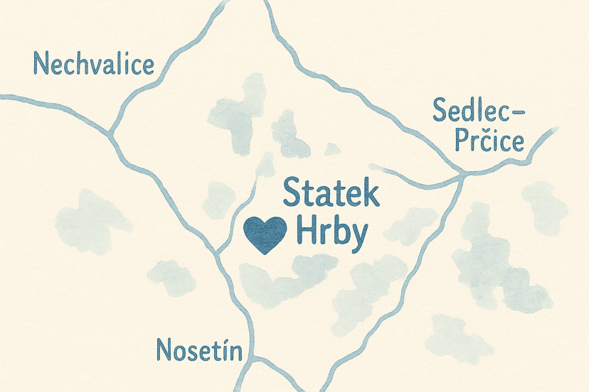Mapa okolí Statek Hrby s okolními obcemi